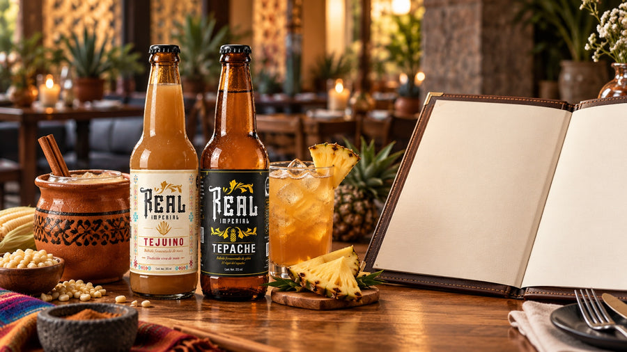 Tepache y Tejuino Real Imperial junto a una carta de restaurante, con sus bebidas servidas.