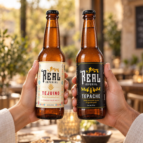 Dos manos brindan con botellas de Tejuino y Tepache Real Imperial.