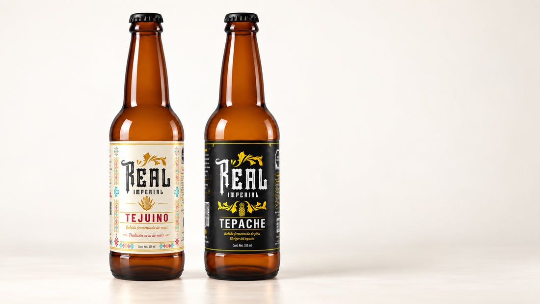 Una botella de Tejuino y una de Tepache Real Imperial de 355 ml sobre fondo claro.
