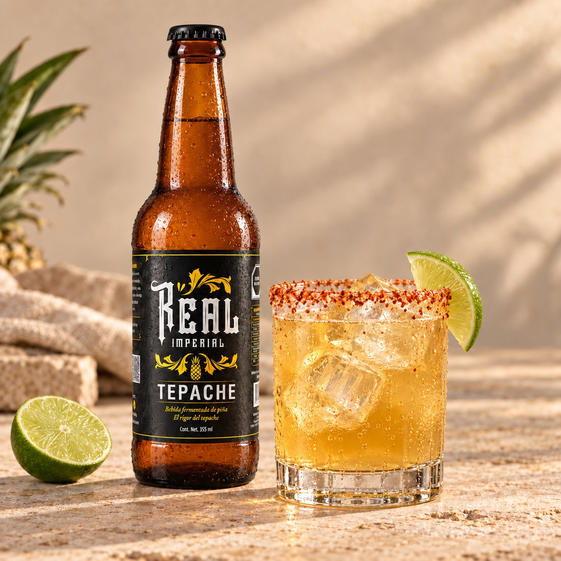 Botella de Tepache Real Imperial de 355 ml y vaso con hielo y limón, sobre una mesa de piedra clara.