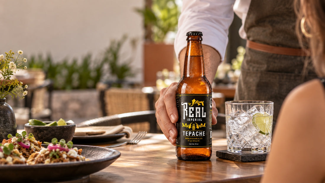 Servicio de Tepache Real Imperial en una mesa de restaurante junto a un vaso con hielo y limón.